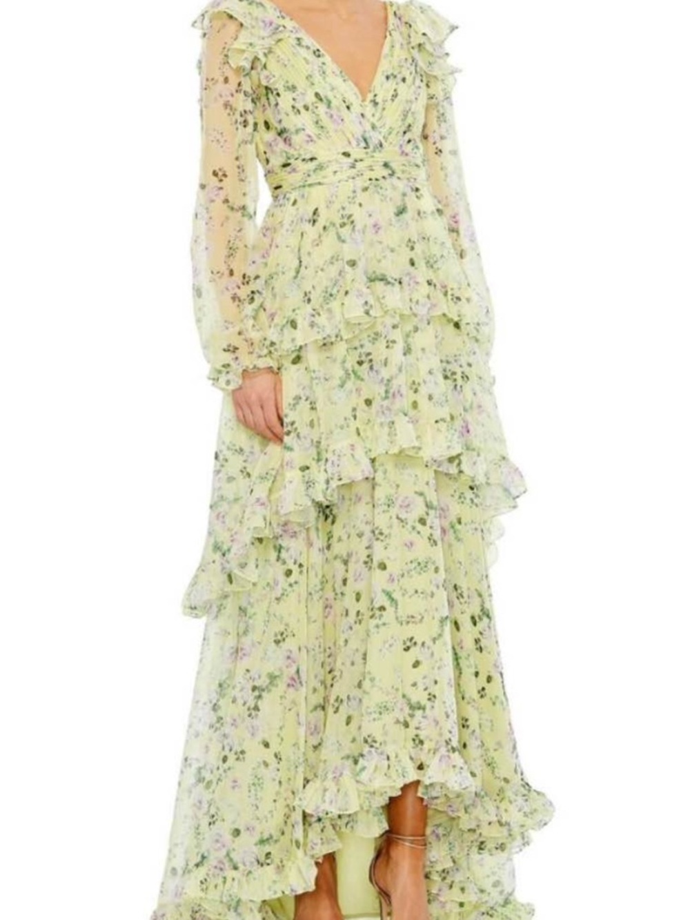 Mac Duggal Light Green Floral High-Low Ruffle Maxi Dress
